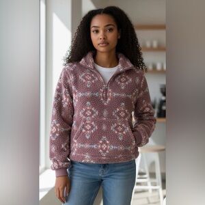 Hippie Rose Sherpa Quarter Zip Pullover Mauve Aztec  Size XL NWT